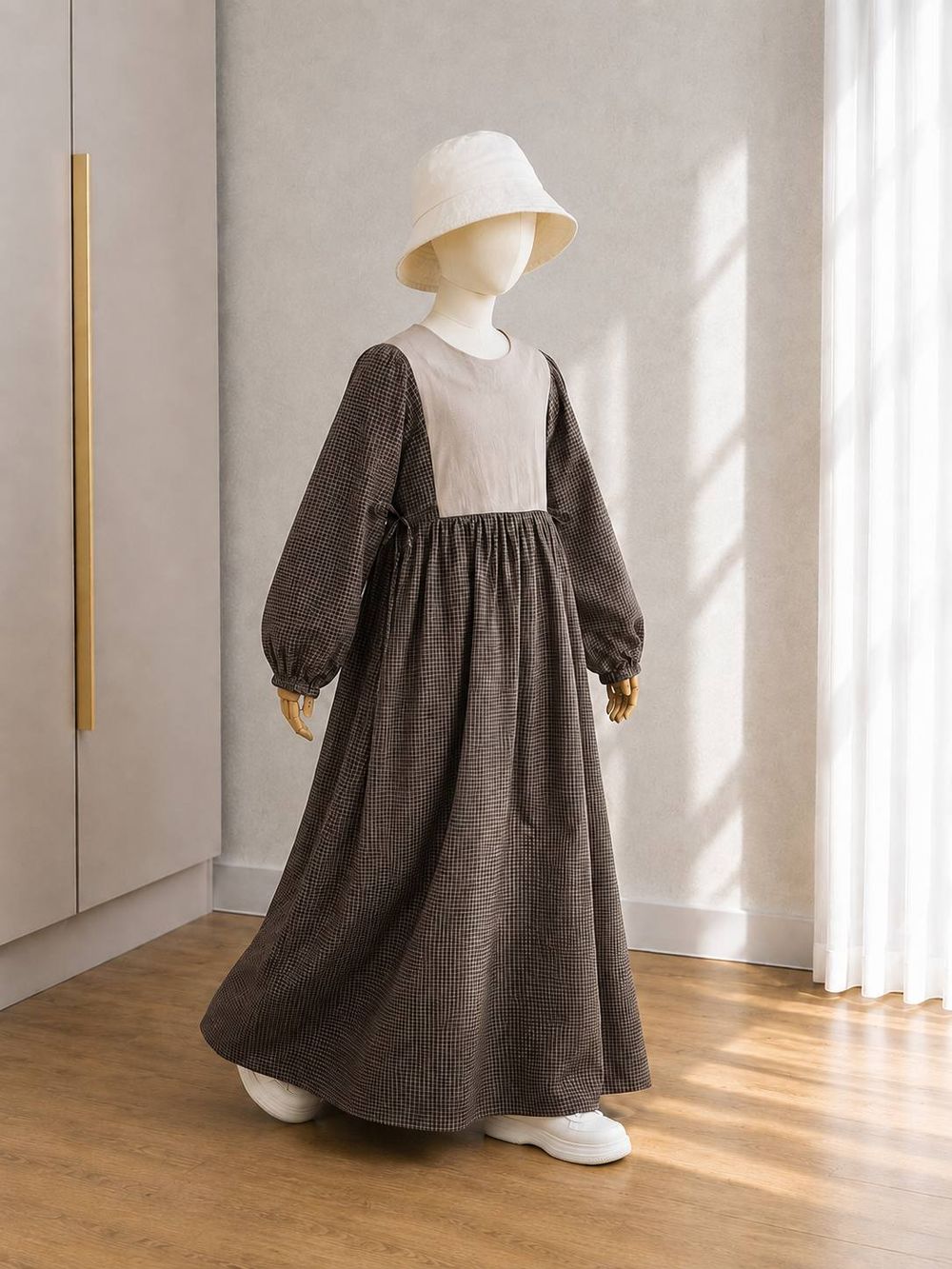 Brown check maxi dress with a grey yoke