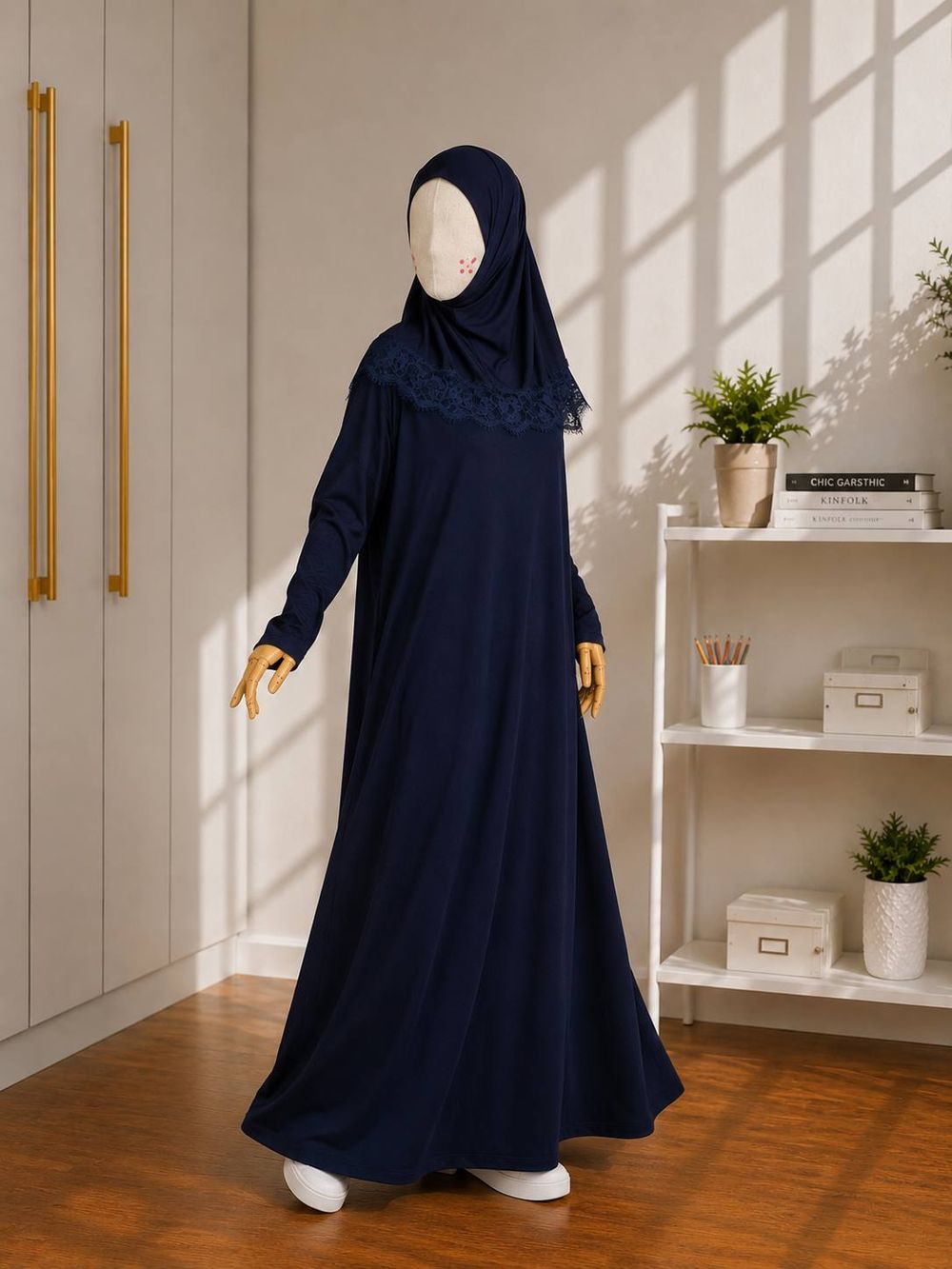 Navy abaya dress with a lace-edged khimar