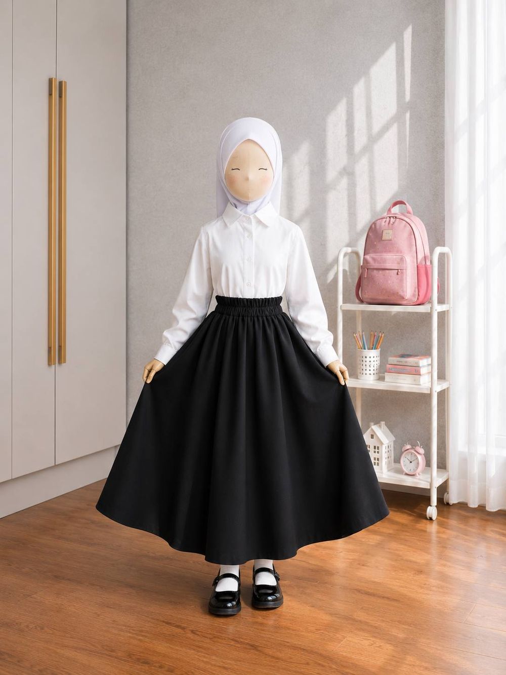 Navy half-circle school skirt with a white top