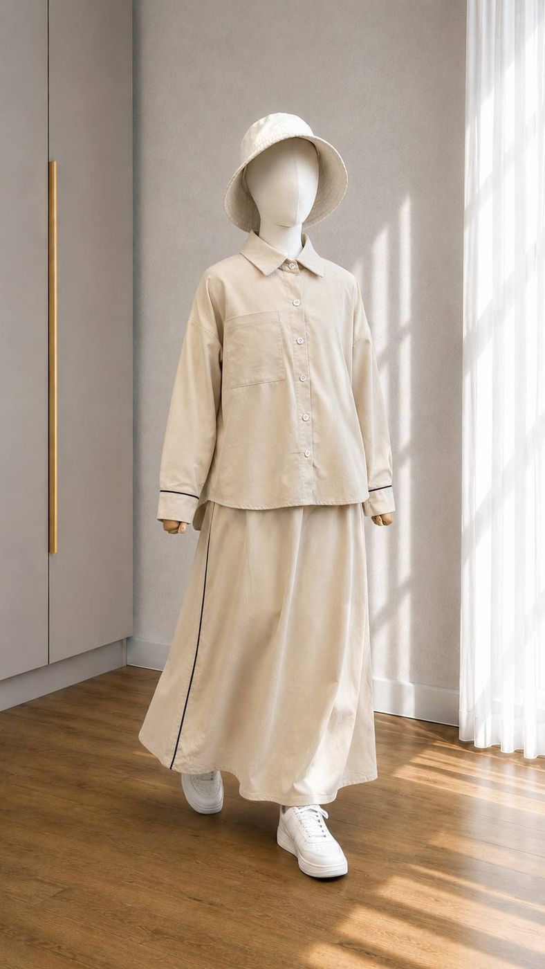 Beige corduroy shirt with a long skirt